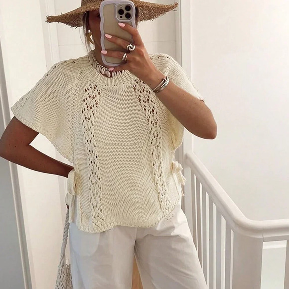 Apricot Casual Women's Side Tie Round Neck Cap Sleeve Sweater - Picture 5 of 8